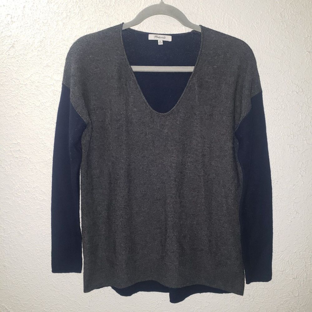 Madewell Alpaca Merino Wool Shirt Womens V-Neck Gray Navy Pullover Top Sz XS